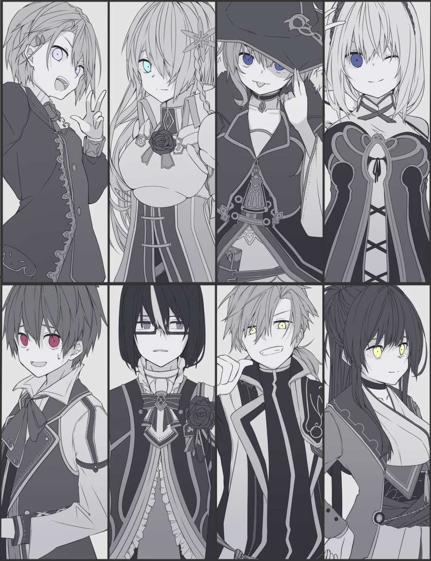 3boys, 5girls, adah_(grimms_notes), aqua_eyes, blue_eyes, breasts, closed_mouth, clovis_(grimms_notes)