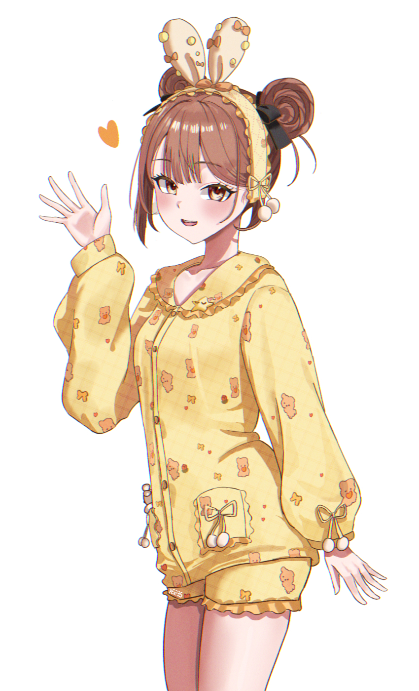 1girl, a5235, animal_ear_headband, breast_pocket, brown_hair, collar, double_bun, frilled_collar