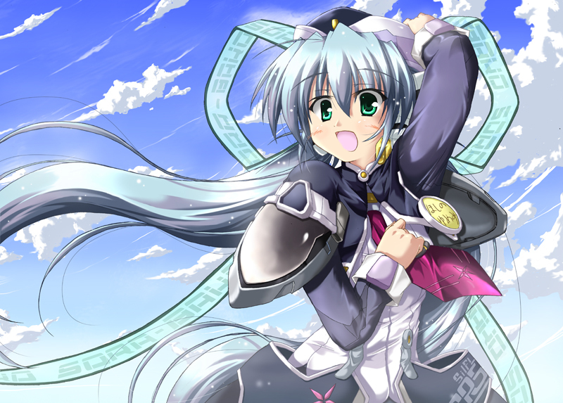 10s, 1girl, android, blue_hair, cloud, day, female_focus, green_hair