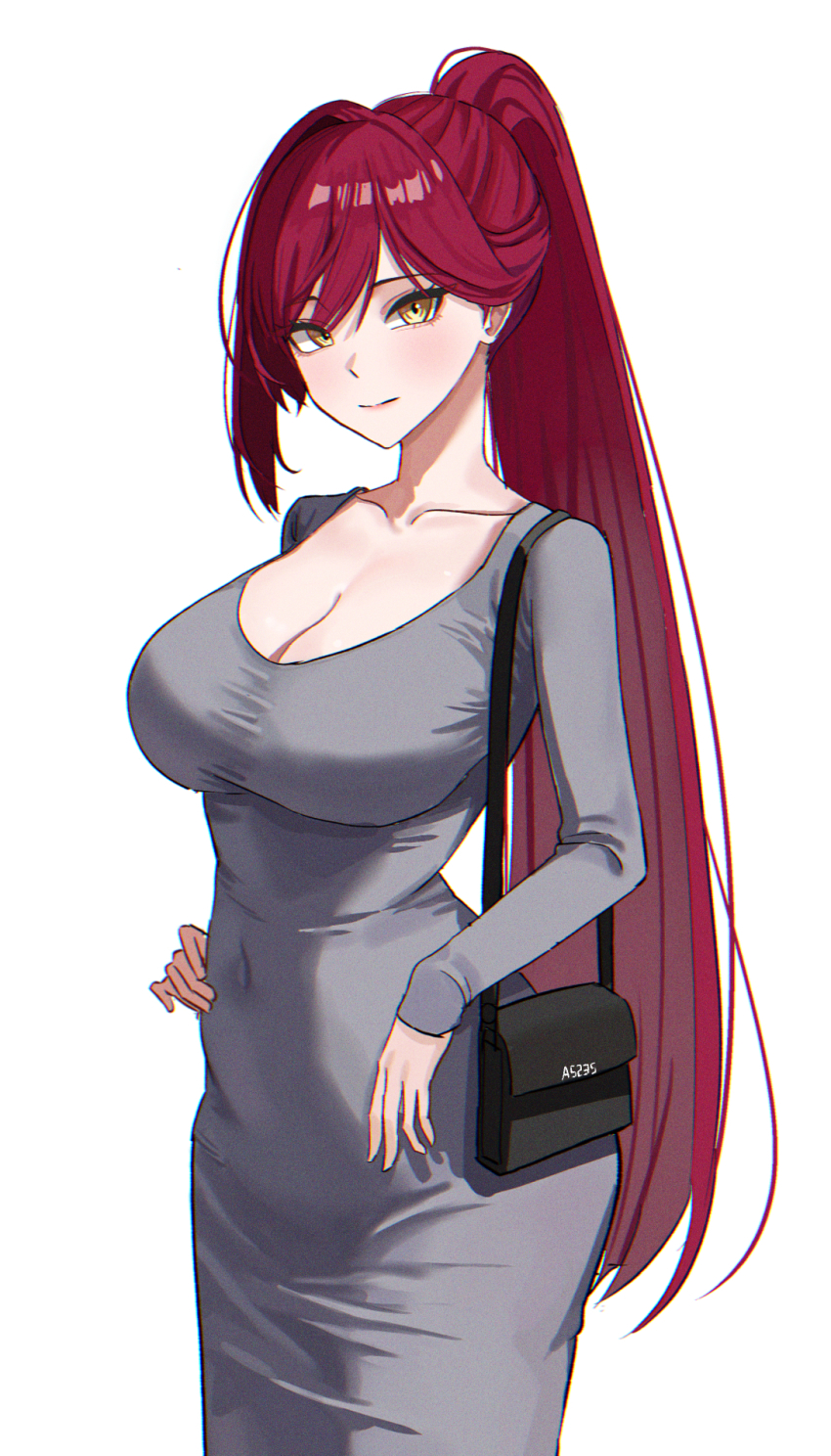 1girl, a5235, bag, breasts, castle_knight_charlotte, cleavage, dongtan_dress, dress, grey_dress, hand_on_own_hip, handbag, high_ponytail, highres, ponytail, red_hair, simple_background, single_hair_intake, smile, standing, virtual_youtuber, waktaverse, white_background