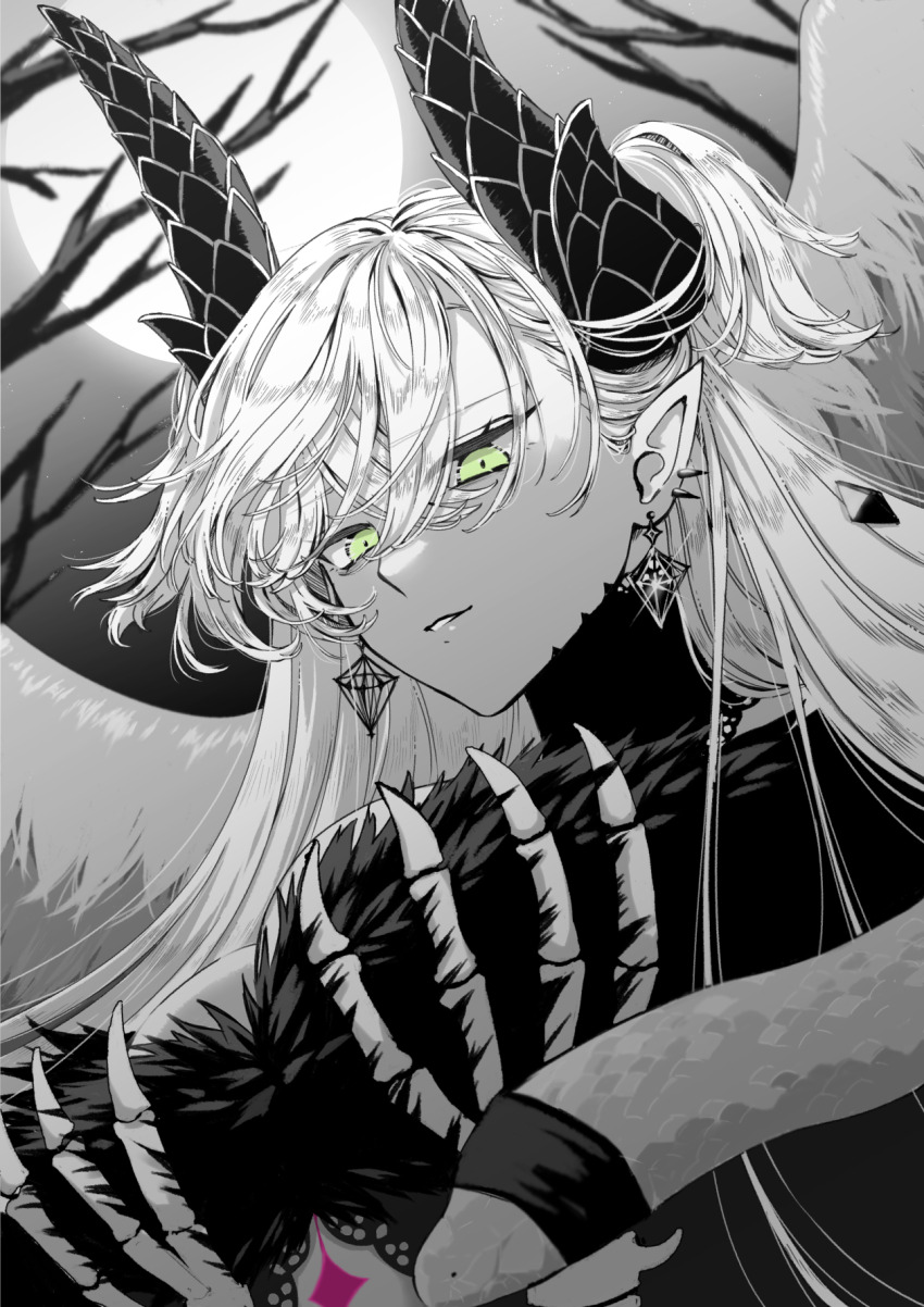 1girl, body_markings, branch, breasts, crossed_bangs, demon_girl, demon_horns, ear_piercing