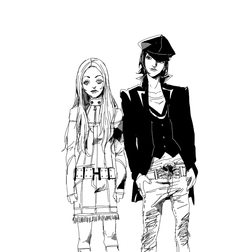 1boy, 1girl, belt, black_hat, denim, denim_dress, hat, jacket