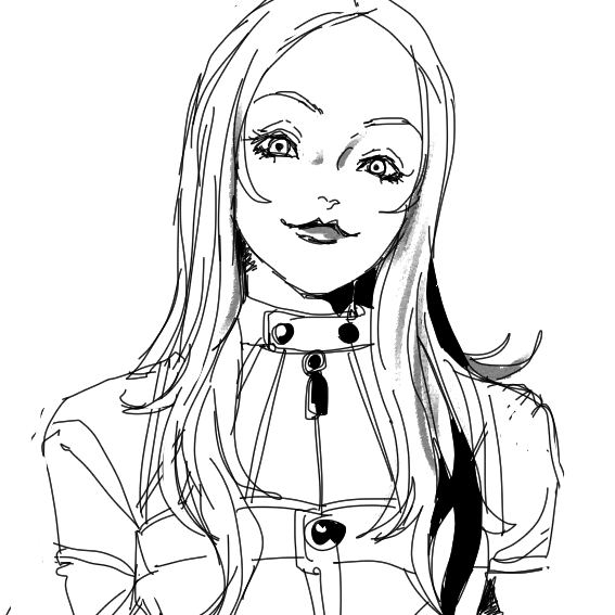 1girl, lipstick, long_hair, looking_at_viewer, makeup, monochrome, nejikoujyouo, shin_megami_tensei