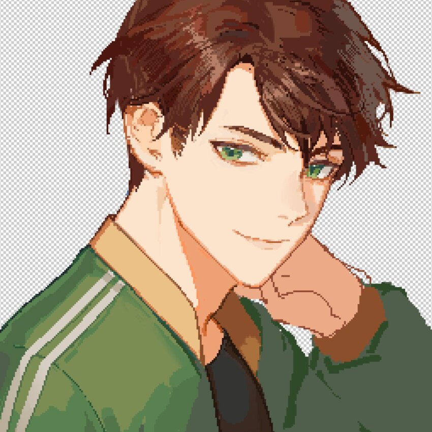 1boy, alex_(stardew_valley), black_shirt, brown_hair, closed_mouth, commentary_request, crew_neck, green_eyes