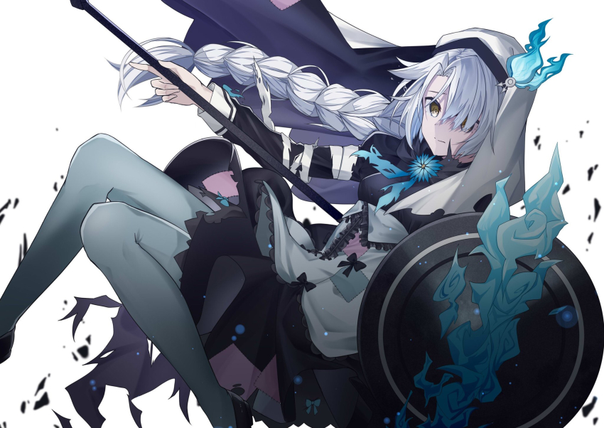 1girl, bandages_over_clothes, black_dress, black_ribbon, black_shoes, braid, chaos_match_girl_(grimms_notes), closed_mouth, dress, grey_hair, grey_pantyhose, grimms_notes, hair_over_one_eye, highres, holding, holding_shield, iumi_urura, juliet_sleeves, long_hair, long_sleeves, pantyhose, patchwork_clothes, puffy_sleeves, ribbon, shield, shoes, simple_background, solo, veil, white_background, white_veil, yellow_eyes