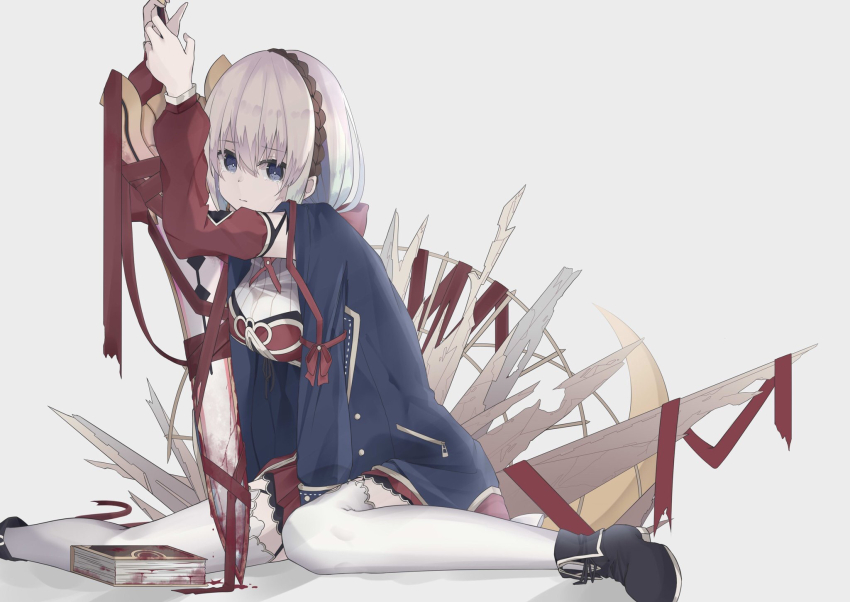 1girl, black_shoes, blonde_hair, blood, blood_on_book, bloody_weapon, blue_jacket, book