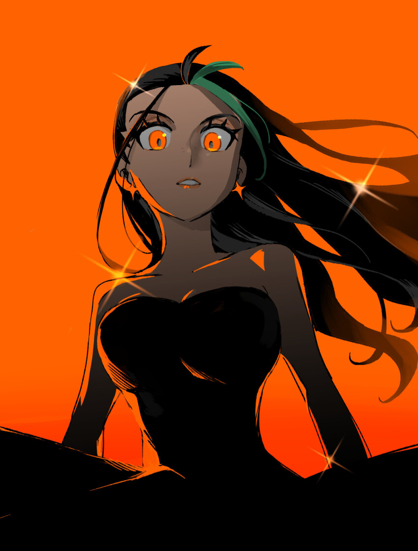 1girl, absurdres, bare_shoulders, black_dress, black_hair, breasts, dark-skinned_female, dark_skin