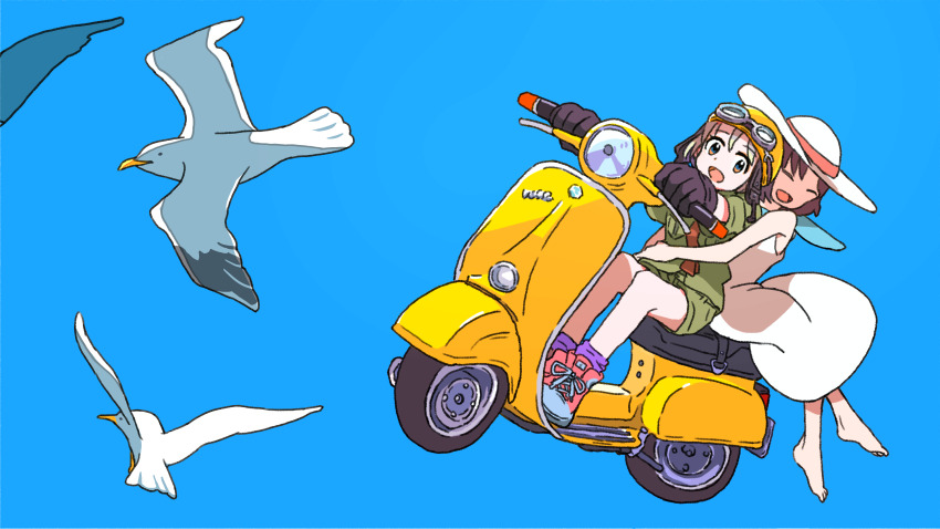 2girls, absurdres, animal, bird, brown_hair, commentary, english_commentary, goggles