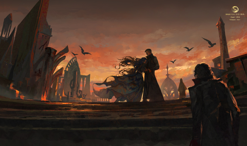 1girl, 1other, 2boys, absurdres, bird, black_coat, chinese_commentary, coat