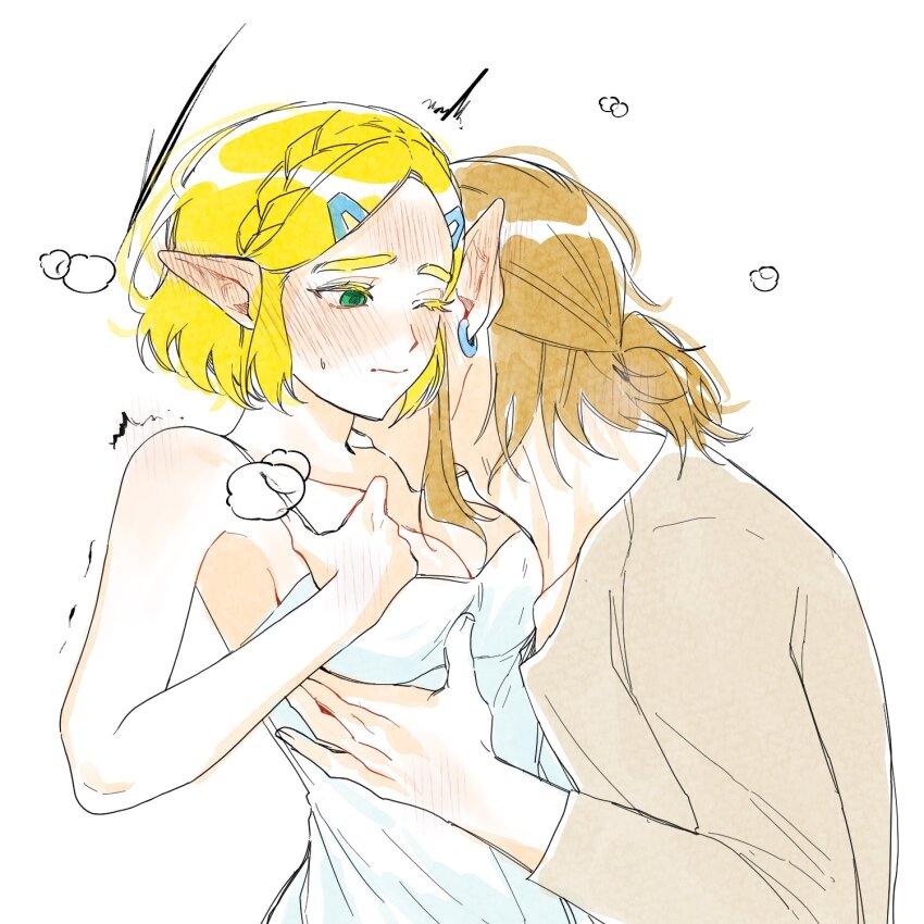 1boy, 1girl, bare_shoulders, big_egg526, blonde_hair, blush, braid, breasts