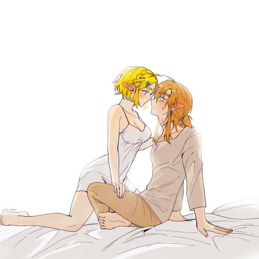 1boy, 1girl, aqua_eyes, assertive_female, barefoot, bed_sheet, big_egg526, blush, braid, breasts, brown_pants, couple, crown_braid, dress, earrings, green_eyes, grey_shirt, hair_between_eyes, hair_ornament, hair_tie, hairclip, hand_on_another's_leg, hand_on_another's_shoulder, hetero, highres, imminent_kiss, indian_style, jewelry, lingerie, link, long_sleeves, low_ponytail, medium_breasts, medium_hair, nintendo, on_bed, pants, parted_bangs, pointy_ears, ponytail, princess_zelda, shirt, short_dress, short_hair, sidelocks, sitting, sleeveless, sleeveless_dress, sweatdrop, the_legend_of_zelda, the_legend_of_zelda:_breath_of_the_wild, twitter_username, underwear, white_background, white_negligee, wide-eyed