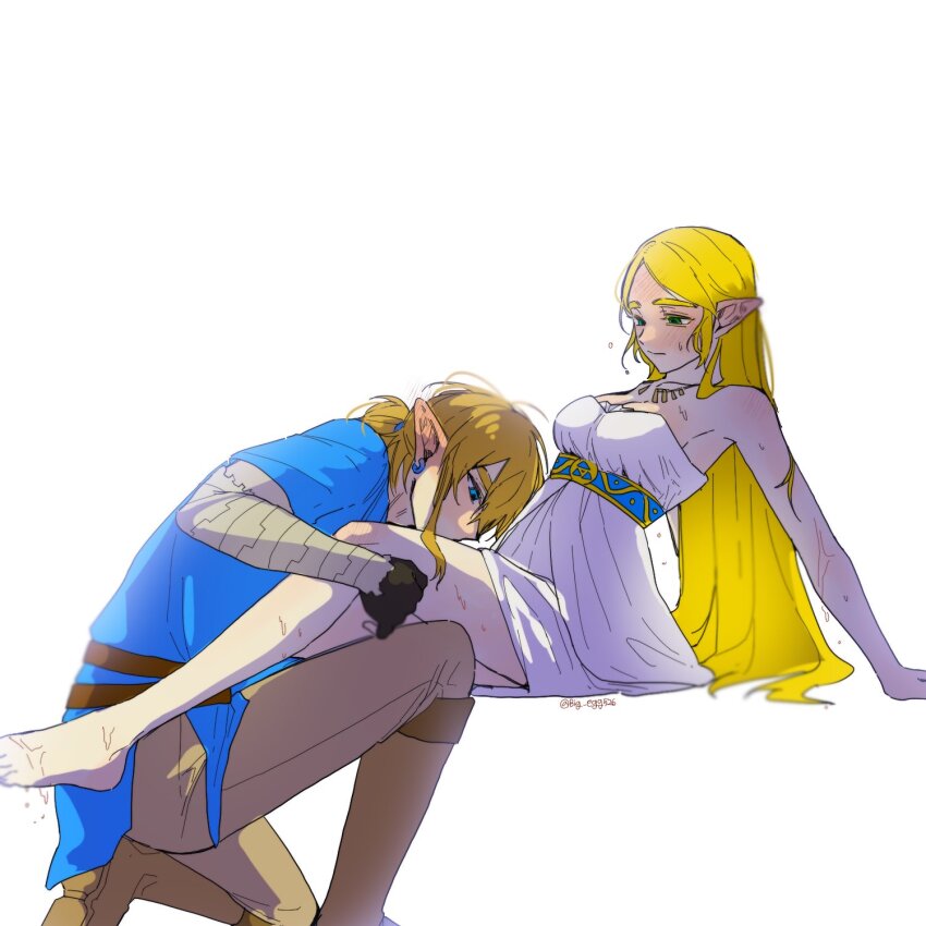 1boy, 1girl, aqua_eyes, aqua_tunic, barefoot, big_egg526, black_gloves, blonde_hair