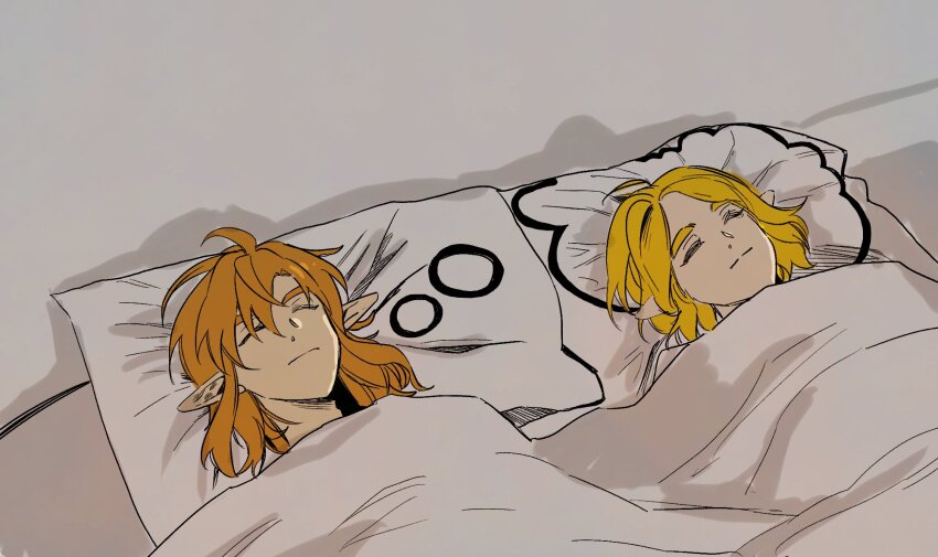 1boy, 1girl, big_egg526, blonde_hair, couple, dreaming_pillow_motif_(meme), hair_between_eyes, hetero