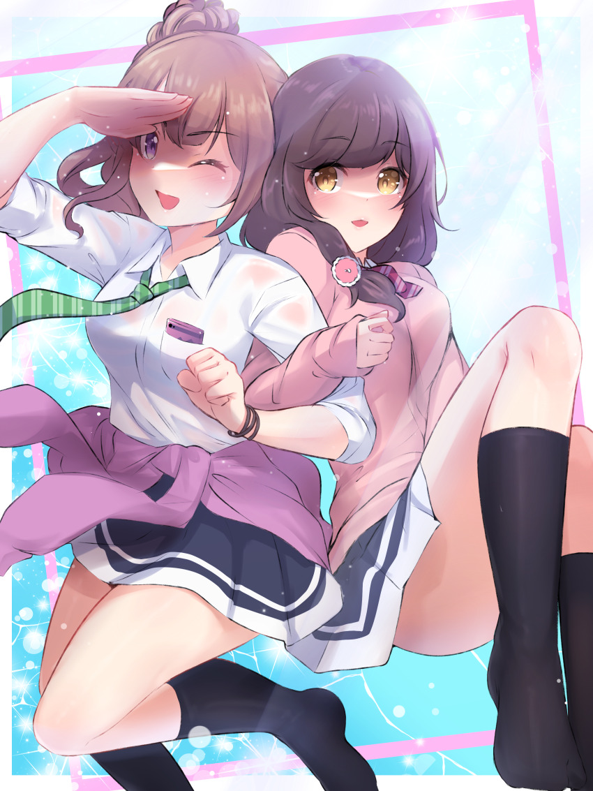 1girl, 2girls, ;d, absurdres, brown_hair, highres, kneehighs, long_hair