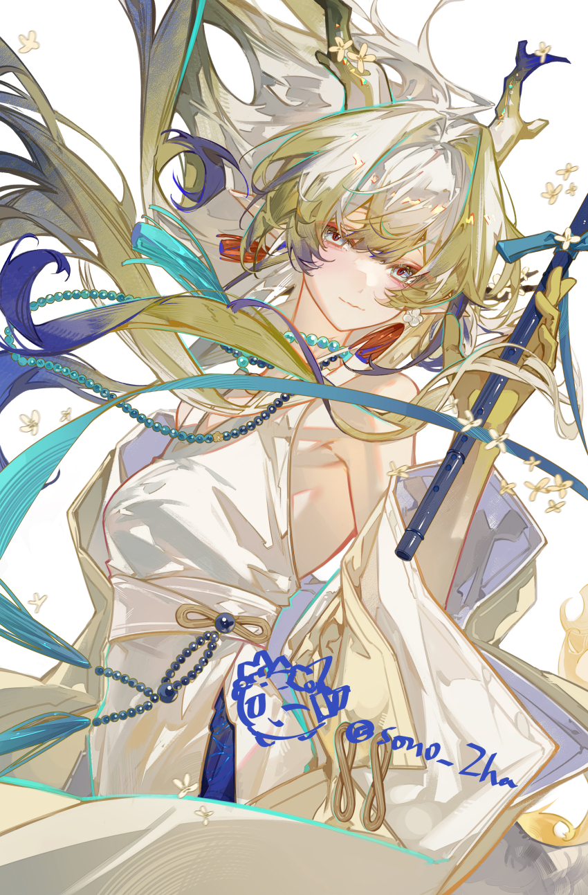 1girl, absurdres, aqua_eyes, arknights, armpit_peek, azha8, bare_shoulders, blonde_hair