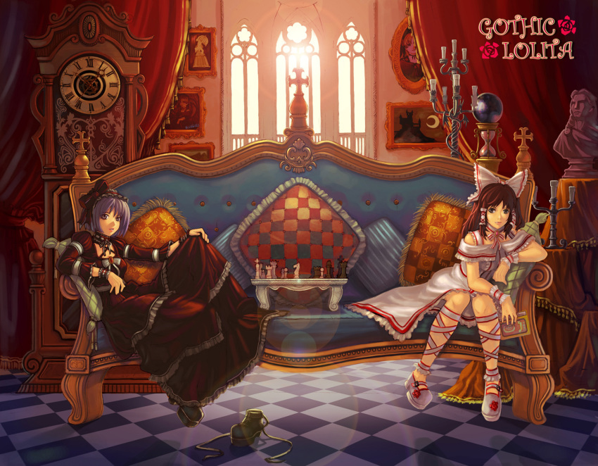 2girls, alternate_costume, blue_upholstery, blueeves, board_game, brown_eyes, brown_hair, bush