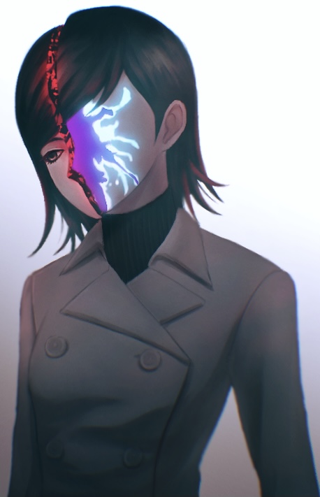 1girl, aradia_(megami_tensei), black_hair, body_horror, buttons, coat, demon_(megami_tensei), facial_tattoo