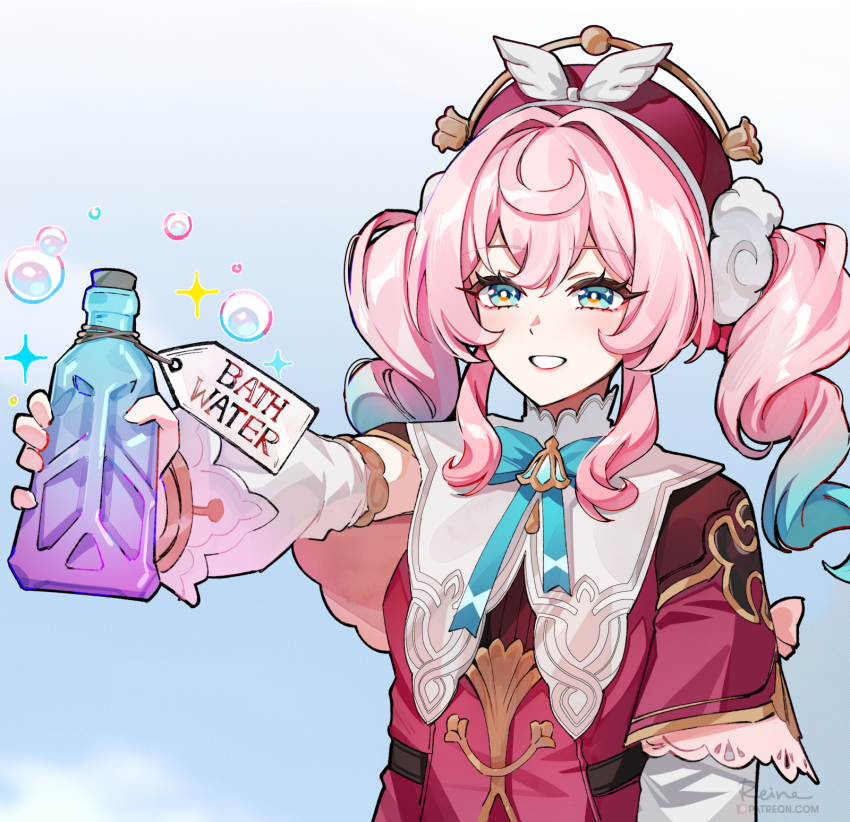 1girl, aqua_eyes, aqua_hair, bath_water_(meme), bottle, bubble, collar, colored_tips, commentary, dress, english_commentary, english_text, foxyreine, gradient_hair, grin, hair_intakes, hat, highres, holding, holding_bottle, honkai:_star_rail, honkai_(series), hyacine_(honkai:_star_rail), light_blush, long_hair, looking_ahead, meme, multicolored_hair, outstretched_arm, pink_hair, red_dress, red_hat, signature, smile, solo, sousou_no_frieren, sparkle, sparkling_aura, teeth, twintails, upper_body, watermark, web_address, white_collar, you_can_just_give_this_kind_of_thing_to_men_and_they_will_be_thrilled_(meme)