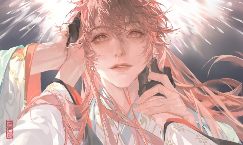 1boy, 1other, absurdres, androgynous, black_gloves, chinese_commentary, code:_kite, commentary_request, eyelashes, fingernails, gloves, grey_eyes, half_gloves, hand_on_another's_face, hand_on_another's_hand, highres, long_hair, long_sleeves, longchengheipaoe, male_focus, out_of_frame, parted_lips, pink_hair, solo_focus, teeth, upper_body, white_background, yuan_ji_(code:_kite)