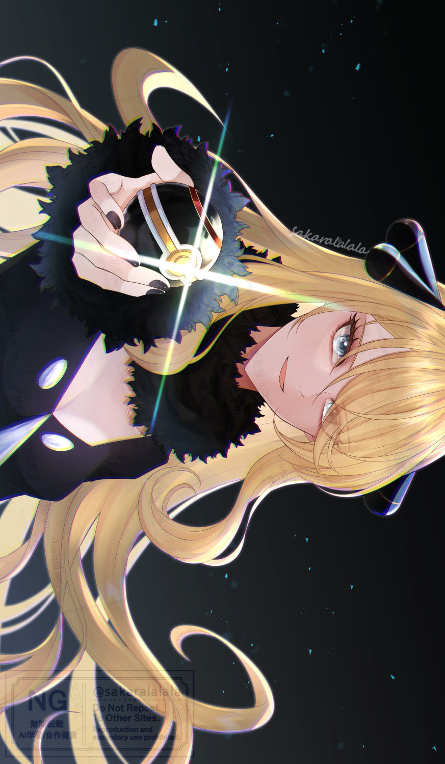 1girl, artist_name, black_background, black_coat, blonde_hair, breasts, cleavage, coat, cynthia_(pokemon), glint, grey_eyes, hair_over_one_eye, highres, long_hair, medium_breasts, nail_polish, nintendo, poke_ball, pokemon, pokemon_diamond/pearl/platinum, sakaralalala, simple_background, solo, upper_body, very_long_hair, watermark