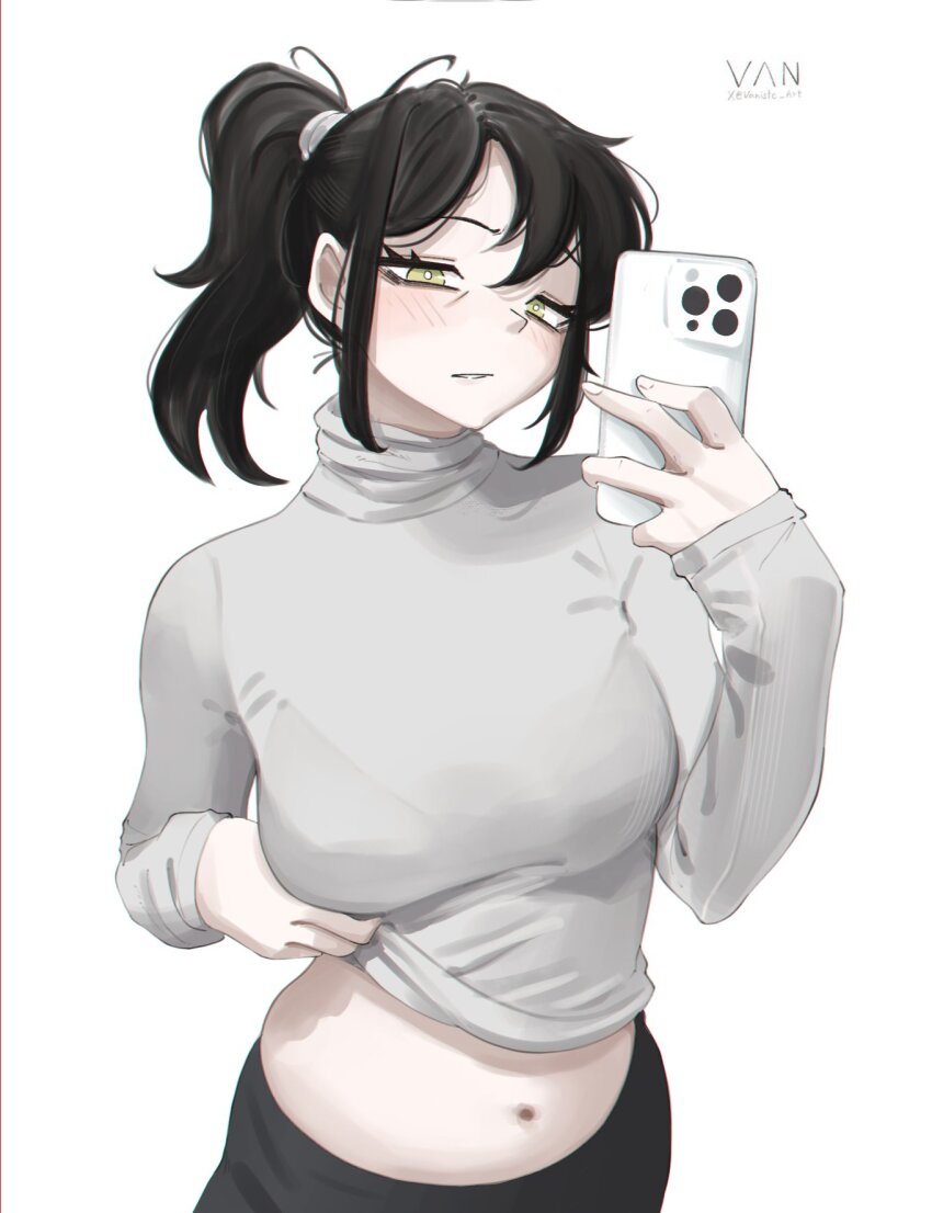 1girl, black_hair, black_pants, breasts, cellphone, closed_mouth, clothes_lift, commentary
