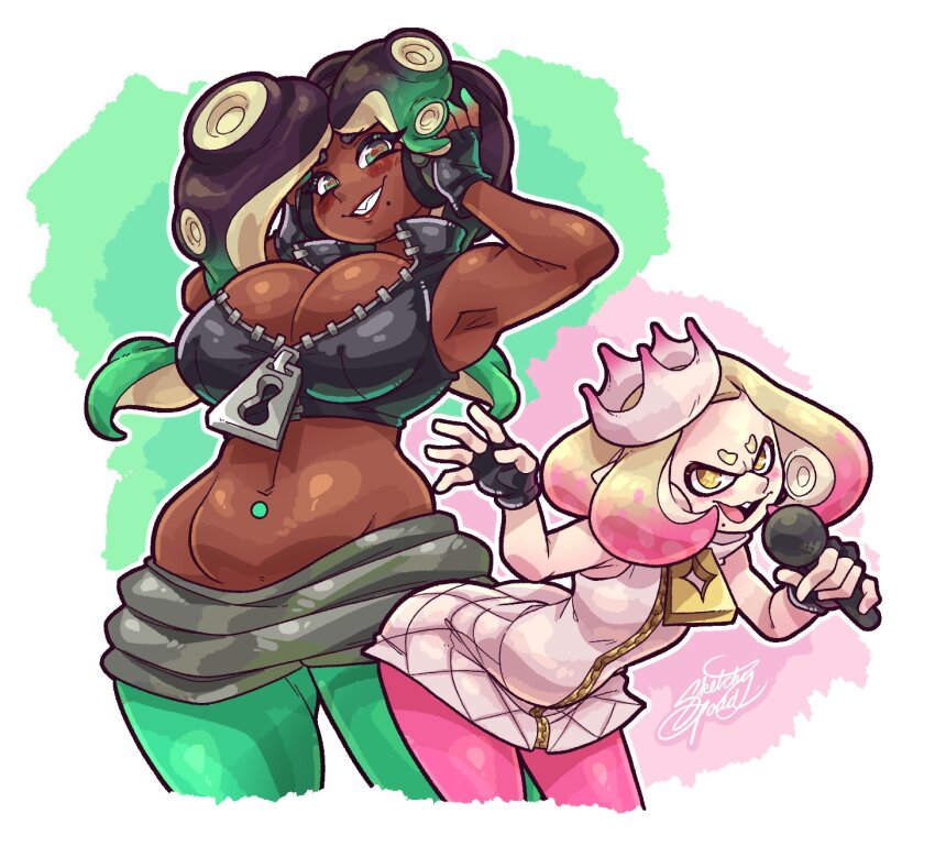 2girls, breasts, cleavage, crown, dark-skinned_female, dark_skin, female_focus, highres