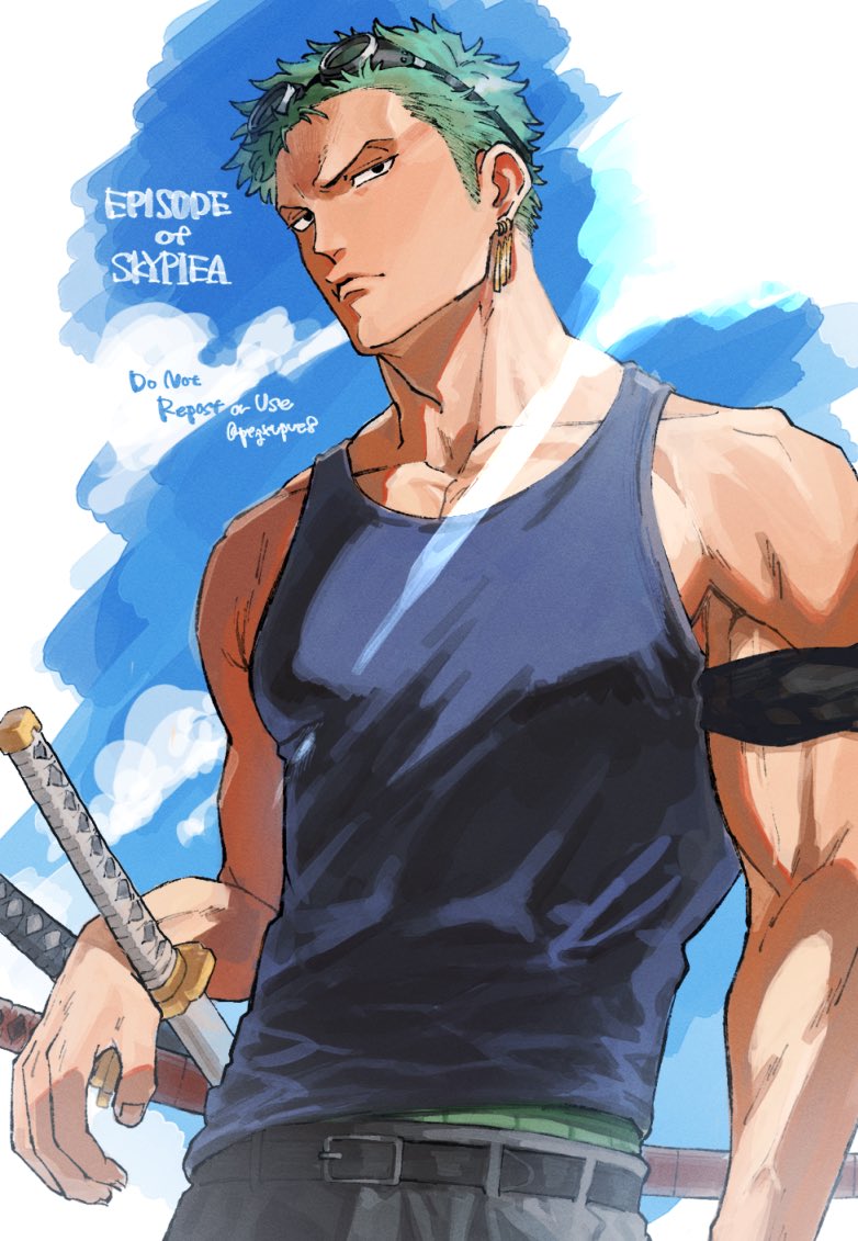 1boy, bandana_around_arm, blue_sky, blue_tank_top, closed_mouth, commentary_request, cowboy_shot, earrings, goggles, goggles_on_head, green_hair, haramaki, jewelry, male_focus, one_piece, pegxvpve8, roronoa_zoro, short_hair, sky, solo, sword, tank_top, v-shaped_eyebrows, weapon