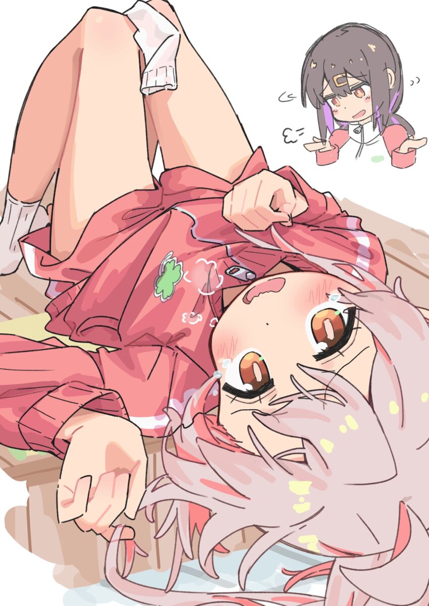 2girls, ahoge, bare_legs, black_hair, blush, breath, brown_eyes, commentary