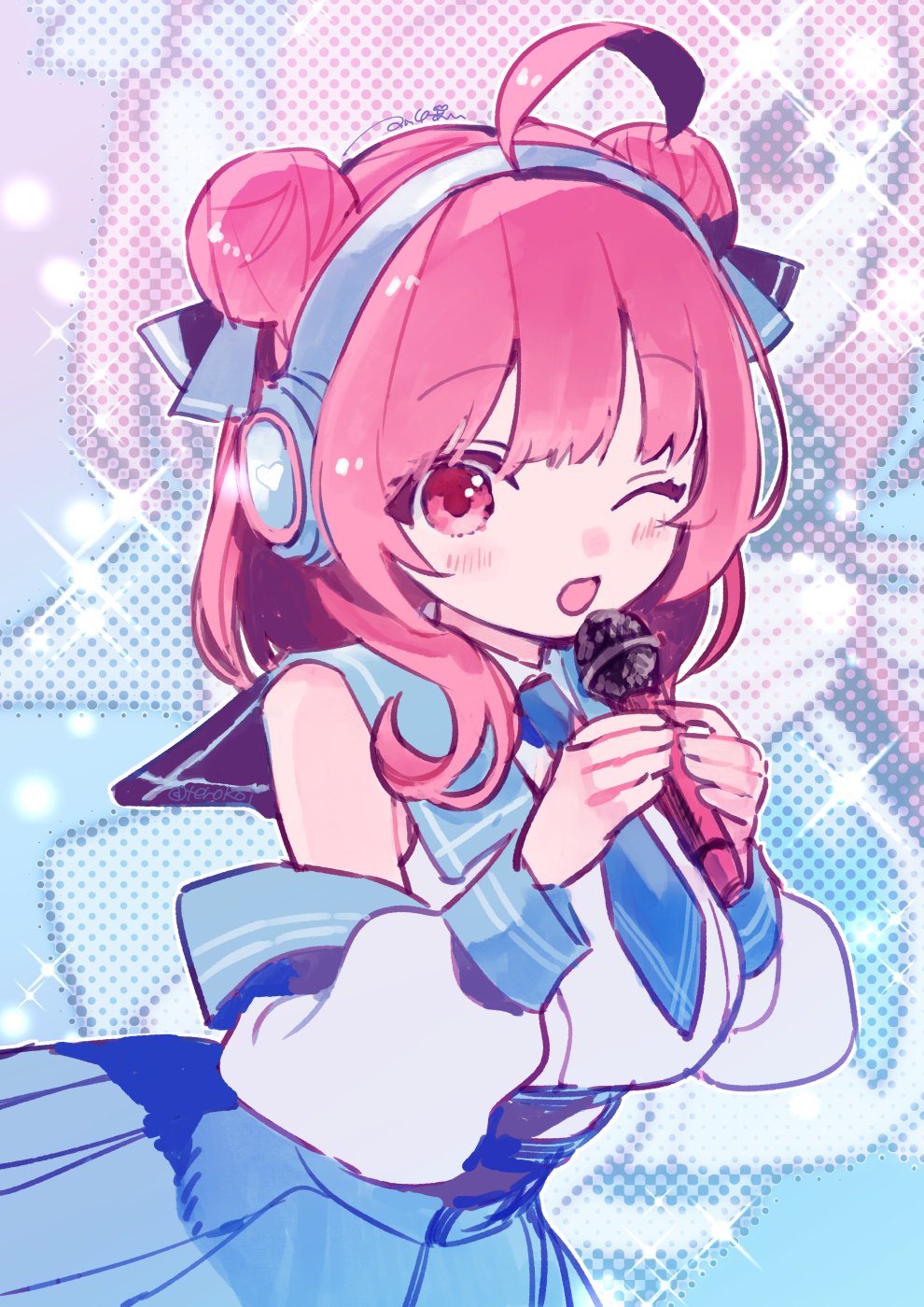 1girl, acchi_ai, ahoge, blue_ribbon, blush, commentary_request, double_bun, hair_bun