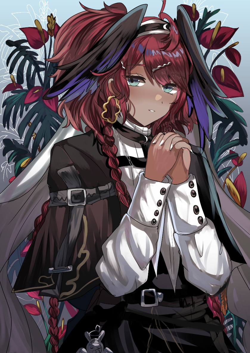 1girl, anthurium, arknights, black_capelet, blue_sealad, braid, capelet, cowboy_shot