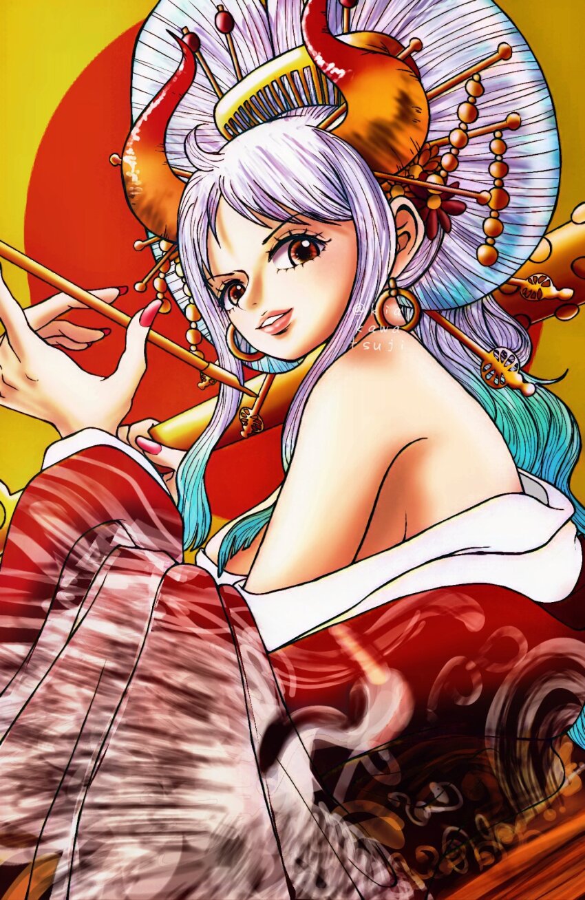 1girl, aqua_hair, commentary_request, earrings, highres, holding, holding_smoking_pipe, horns