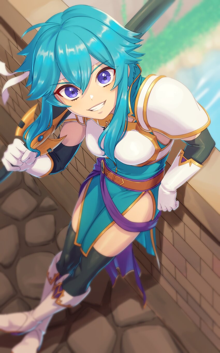 1girl, absurdres, aduti_momoyama, ahoge, armor, belt, blue_hair, blue_tunic