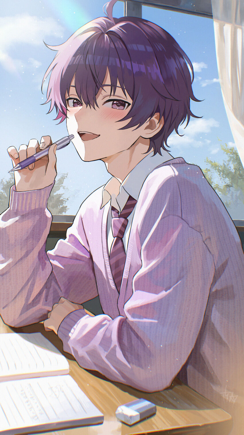 1boy, absurdres, blush, eraser, highres, holding, holding_pen, jacket, looking_at_viewer, male_focus, nanamori_(stpri), nanjo_maya, necktie, notebook, open_mouth, pen, purple_eyes, purple_hair, purple_jacket, purple_necktie, shirt, short_hair, smile, solo, strawberry_prince, teeth, upper_teeth_only, white_shirt