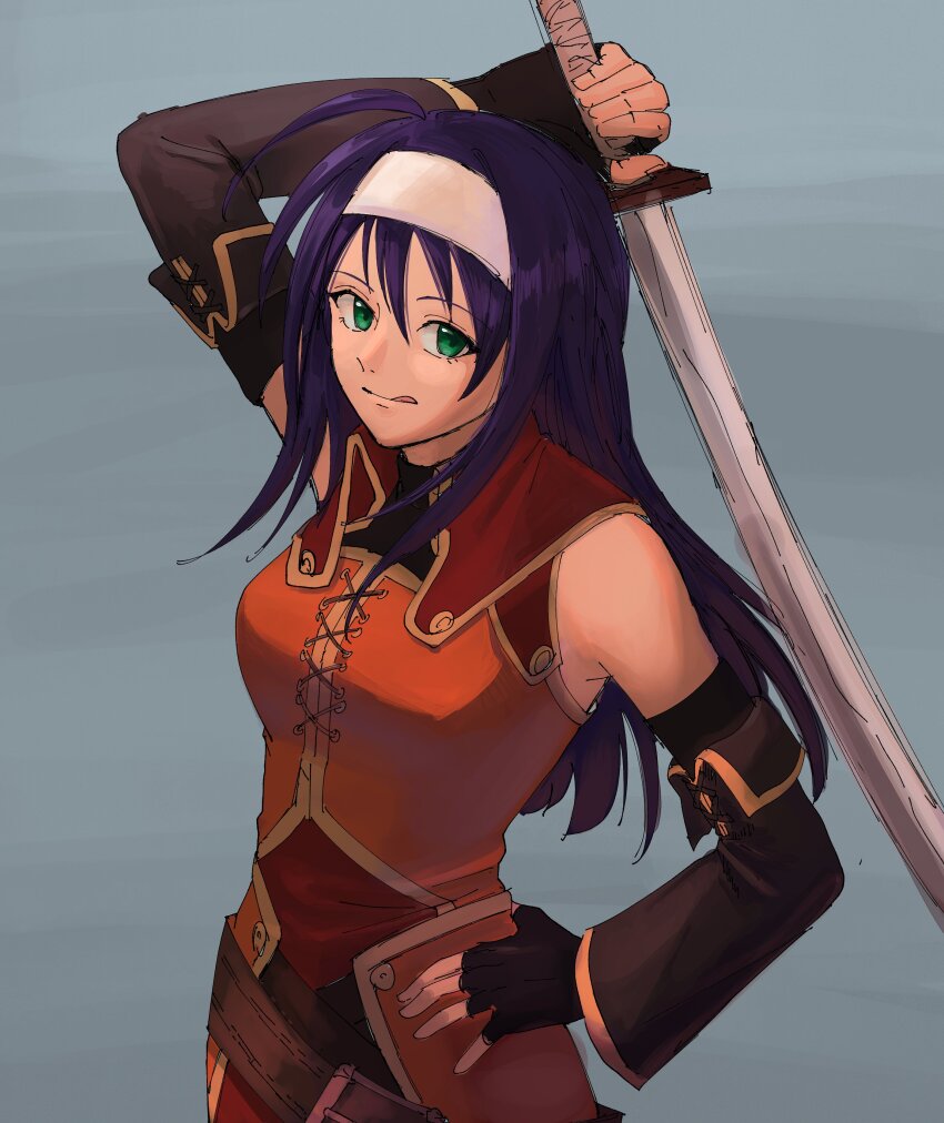 1girl, :p, absurdres, black_gloves, breasts, detached_sleeves, fingerless_gloves, fire_emblem