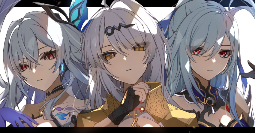 3girls, absurdres, black_gloves, closed_mouth, company_connection, crossover, fingerless_gloves, genshin_impact