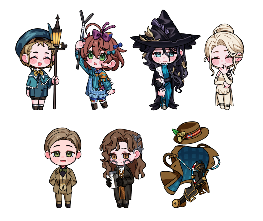 1boy, 5girls, :d, :o, antenna_hair, arm_up, arthur_fog, black_cape