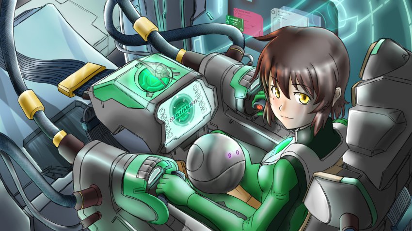 00s, 1girl, amia_lee, brown_hair, cockpit, els, gundam, gundam_00