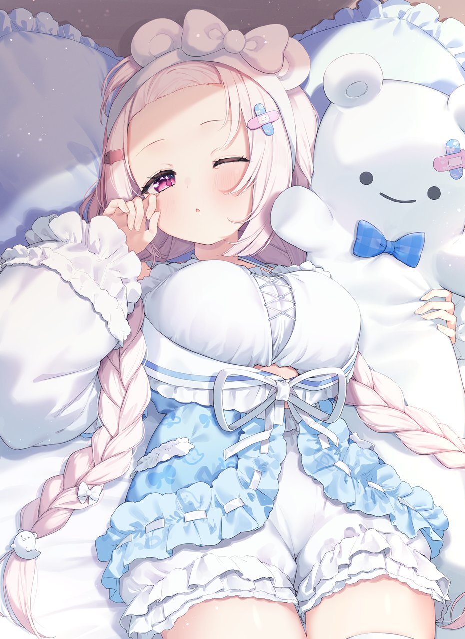 1girl, bandaid, bandaid_hair_ornament, bangs_pinned_back, blue_pajamas, blush, bow, bra, braid, breasts, buruma, crossed_bandaids, fingernails, forehead, ghost_hair_ornament, hair_bow, hair_ornament, hairclip, highres, holding, holding_stuffed_toy, ksk_(semicha_keisuke), large_breasts, light_particles, long_hair, long_sleeves, looking_at_viewer, lying, nijisanji, on_back, one_eye_closed, open_mouth, pajamas, pillow, pink_eyes, pink_hair, rubbing_eyes, shiina_yuika, shiina_yuika_(13th_costume), solo, stuffed_animal, stuffed_toy, tearing_up, teddy_bear, thighs, twin_braids, twintails, underwear, virtual_youtuber, white_bow, white_bra, white_buruma