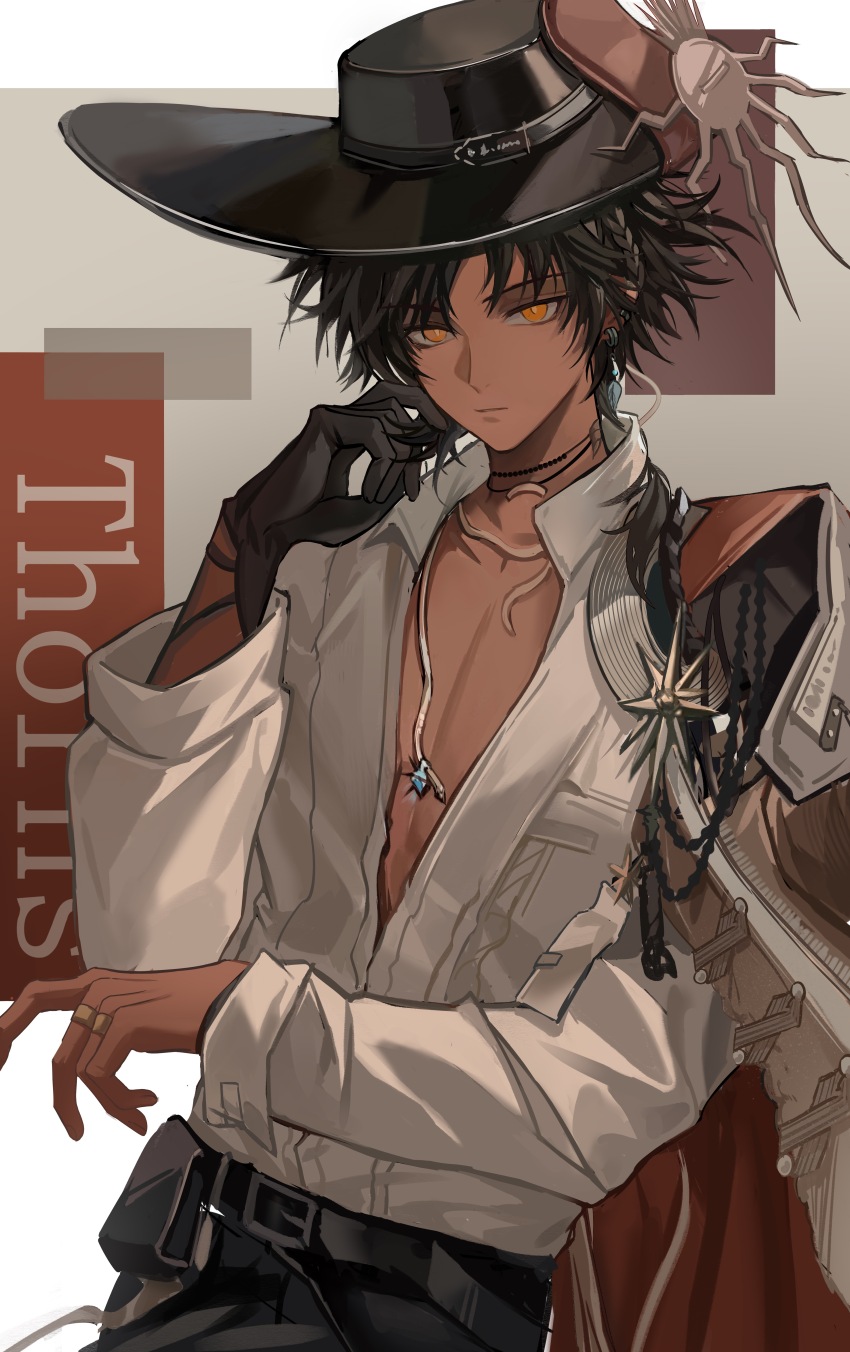 1boy, absurdres, arknights, black_hair, black_hat, braid, bright_pupils, character_name