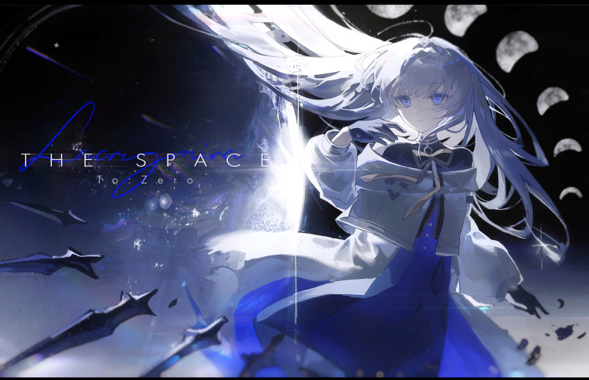 1girl, absurdres, black_border, black_gloves, blue_dress, blue_eyes, blunt_bangs, blurry