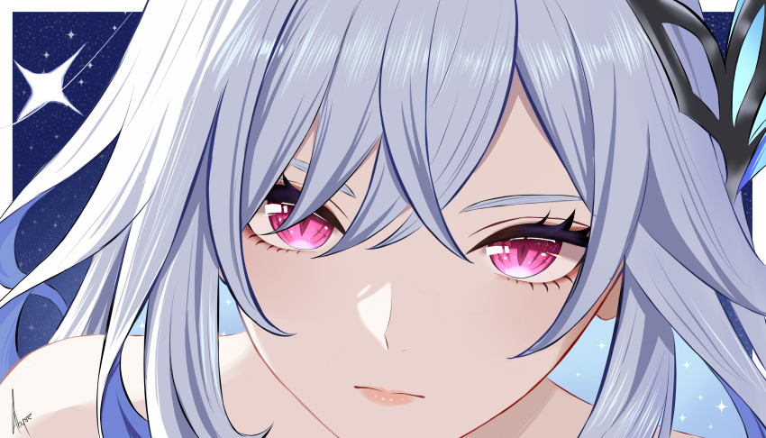 1girl, absurdres, abysssian, bare_shoulders, blue_hair, close-up, closed_mouth, colored_inner_hair