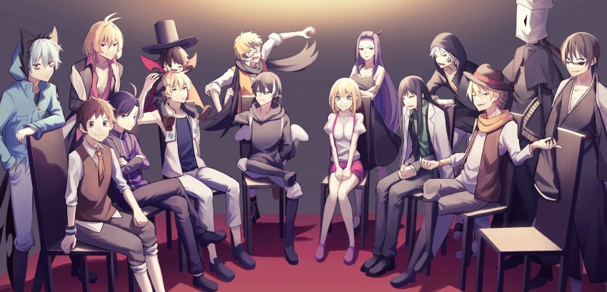 2girls, 6+boys, absurdres, ahoge, alicein_mikuni, alicein_misono, all_of_love, bag