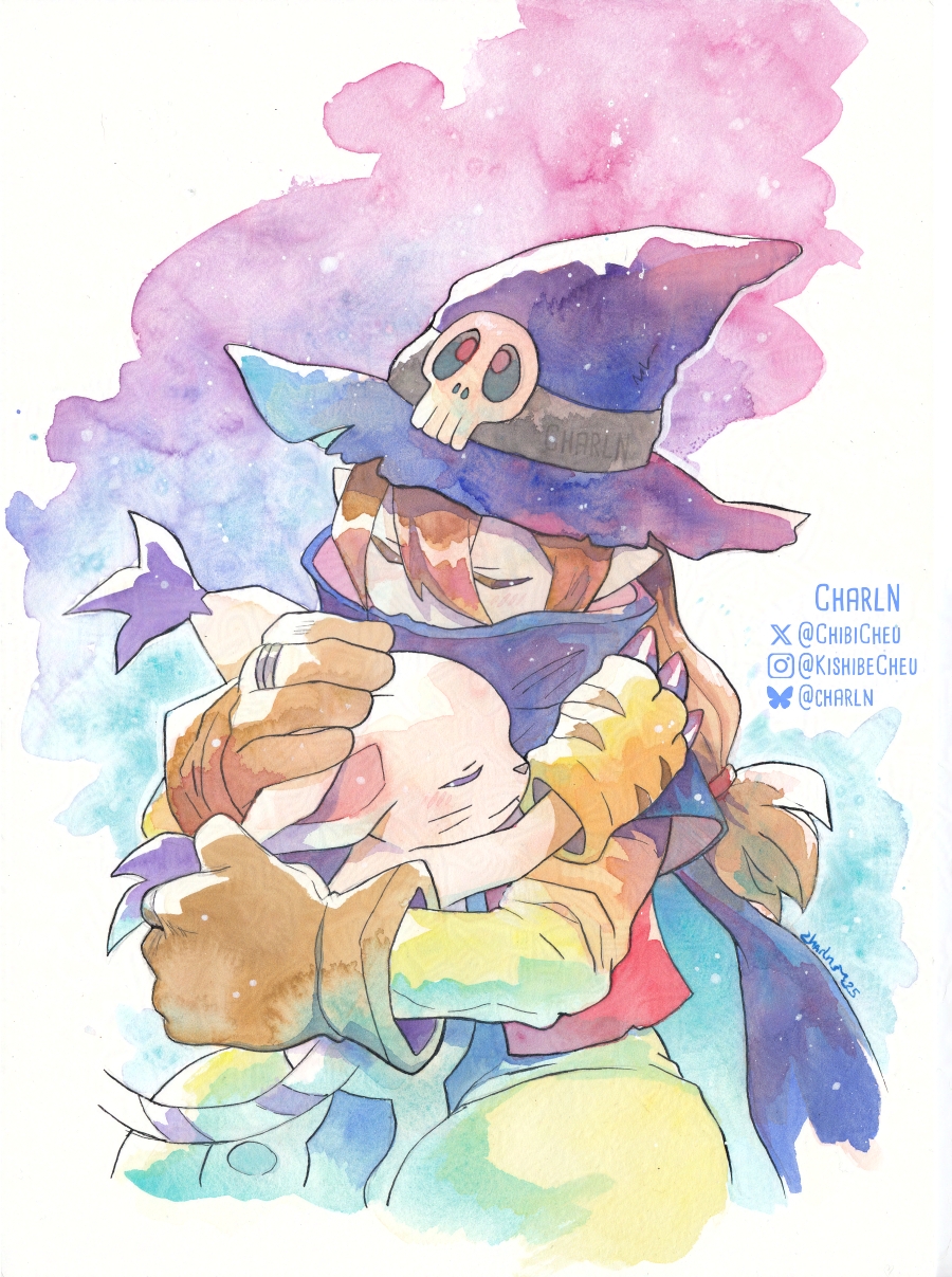 1boy, blue_hat, body_fur, brown_hair, cat, chibicheu, closed_eyes, cowboy_shot