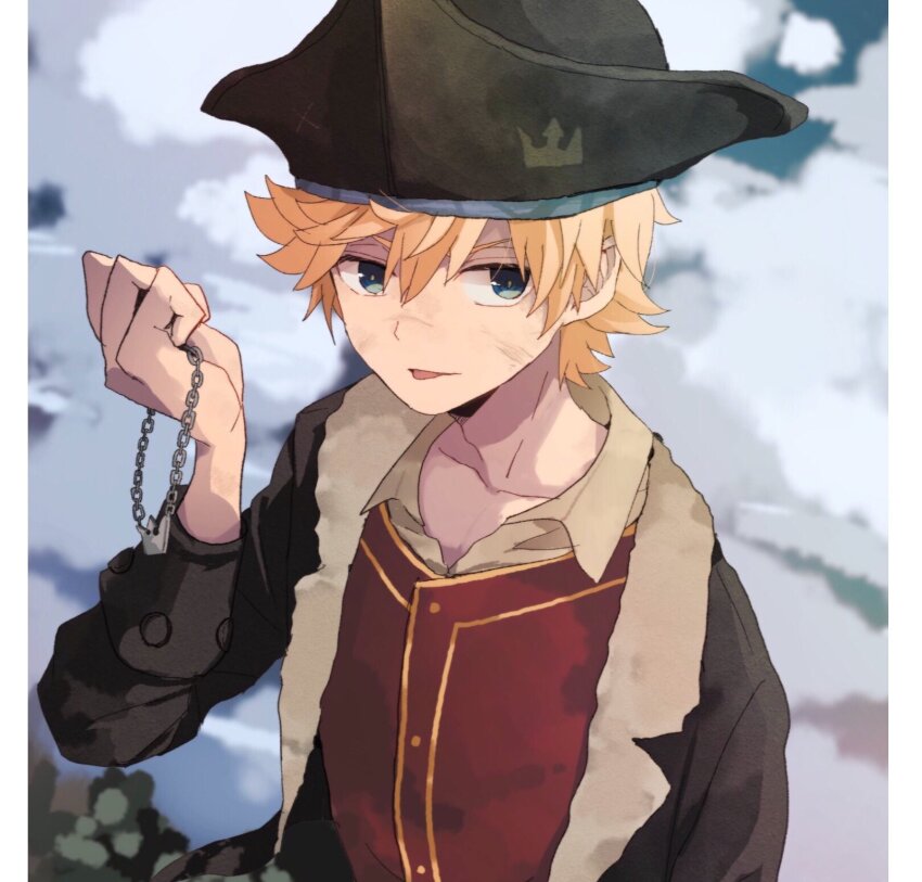 1boy, black_coat, black_hat, blonde_hair, blue_eyes, blue_sky, cloud, cloudy_sky