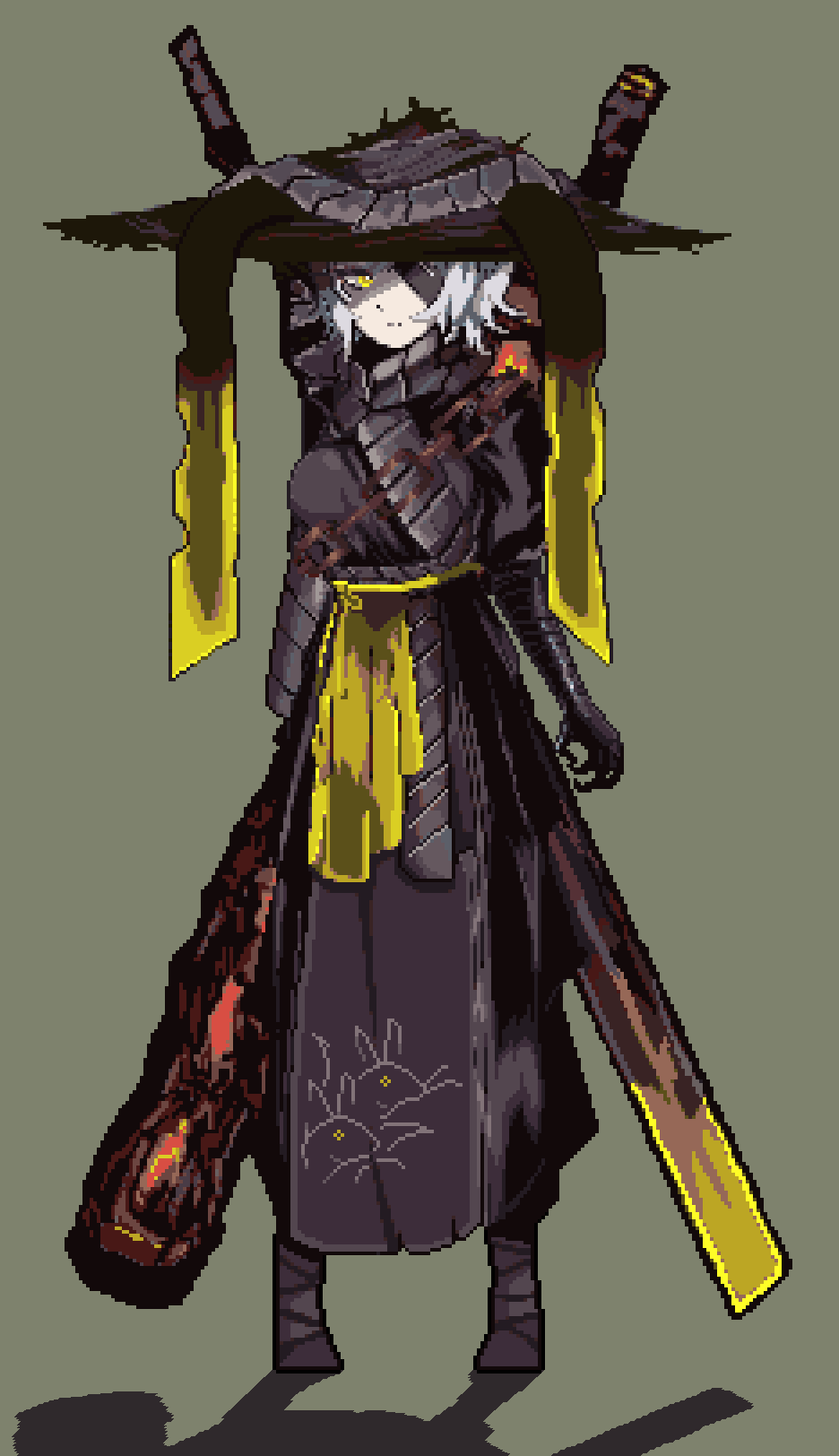 1girl, ajirogasa, baeloe, bandage_over_one_eye, bandaged_arm, bandages, breasts, chain, closed_mouth, commentary_request, conical_hat, faust_(project_moon), full_body, grey_background, grey_scarf, hat, heishou_pack-mao_branch_(identity)_(project_moon), highres, korean_commentary, large_breasts, limbus_company, long_sleeves, looking_at_viewer, one_eye_covered, partially_shaded_face, pixel_art, project_moon, rice_hat, scarf, short_hair, simple_background, solo, standing, sword, sword_on_back, weapon, weapon_on_back, white_hair, yellow_eyes