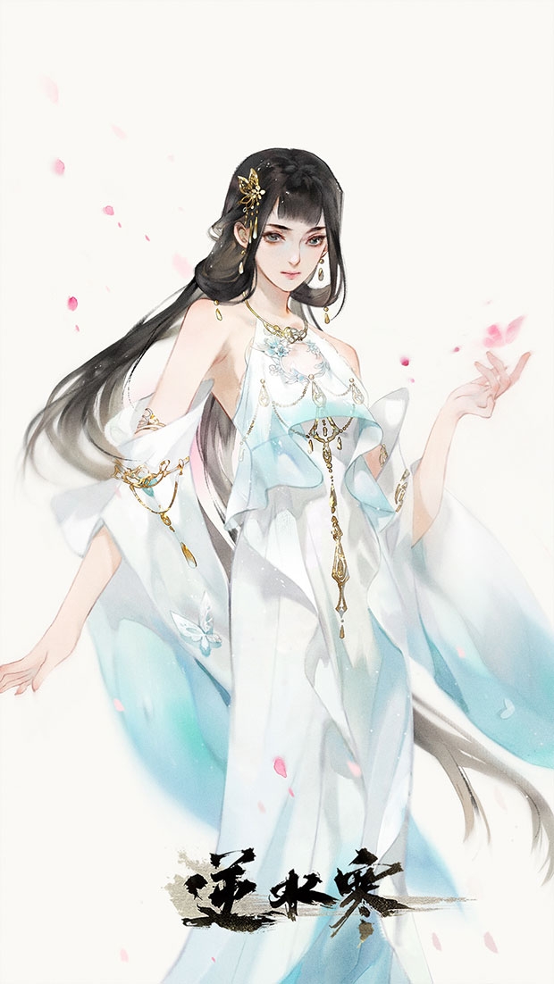 1girl, bare_shoulders, black_hair, blue_sleeves, blunt_bangs, bug, butterfly, butterfly_hair_ornament