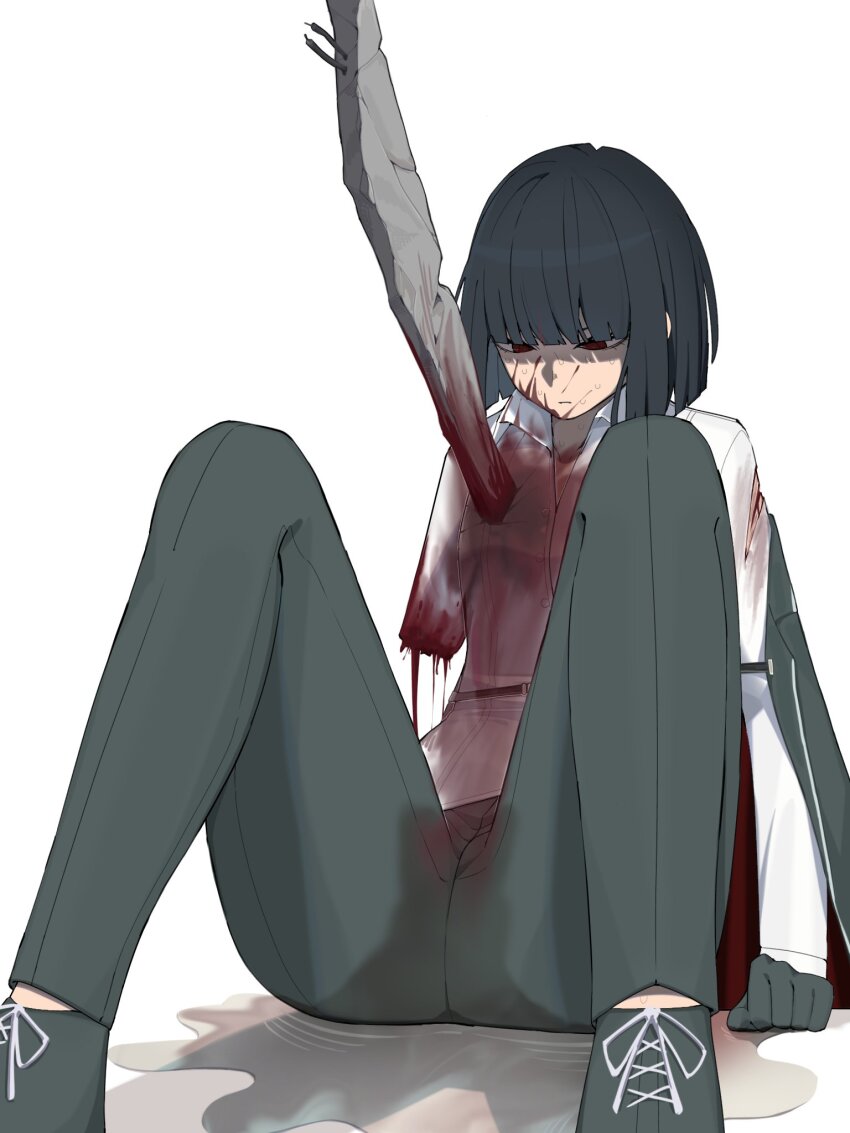1girl, amputee, black_gloves, black_hair, black_shoes, blood, blood_on_clothes, blood_on_face