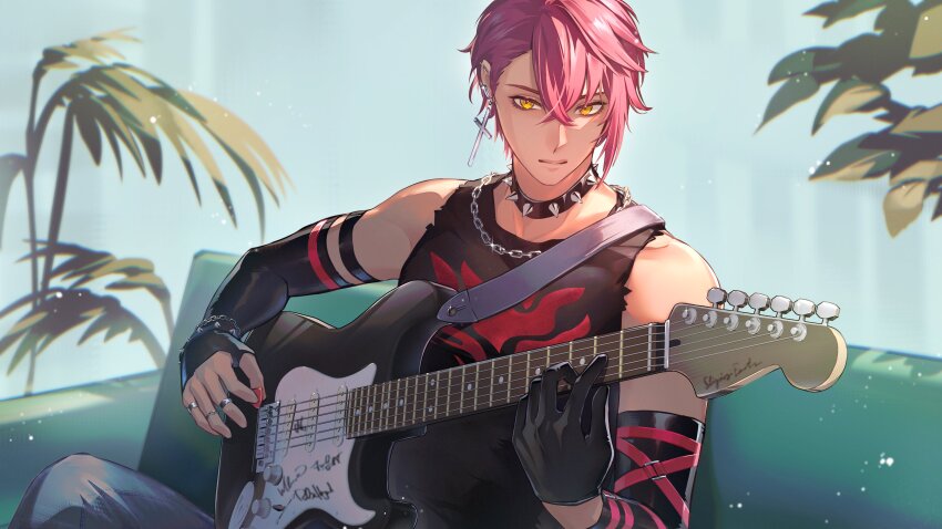 1boy, absurdres, arm_warmers, black_choker, black_gloves, black_tank_top, chain, chain_necklace, choker, collar, commentary_request, couch, cross, cross_earrings, crossed_bangs, earrings, gloves, gonza_(kimura01), guitar, hair_between_eyes, highres, instrument, jewelry, jun_(synthesizer_v), looking_at_viewer, male_focus, multiple_rings, necklace, official_art, plant, red_hair, ring, single_earring, solo, spiked_collar, spikes, synthesizer_v, tan, tank_top, yellow_eyes