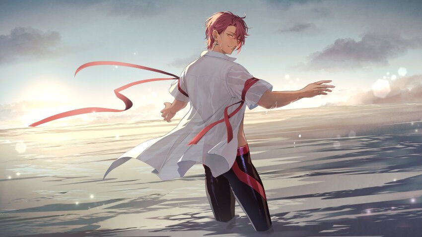 1boy, absurdres, black_pants, blurry, bokeh, cloud, commentary_request, cross