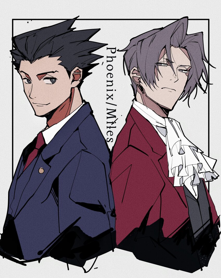 2boys, ace_attorney, ascot, black_hair, blue_jacket, c138300, closed_mouth, collared_shirt